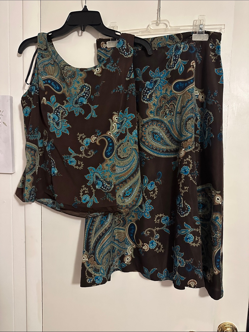 R&K Brown Paisley Skirt Set with Teal and Gold Accents